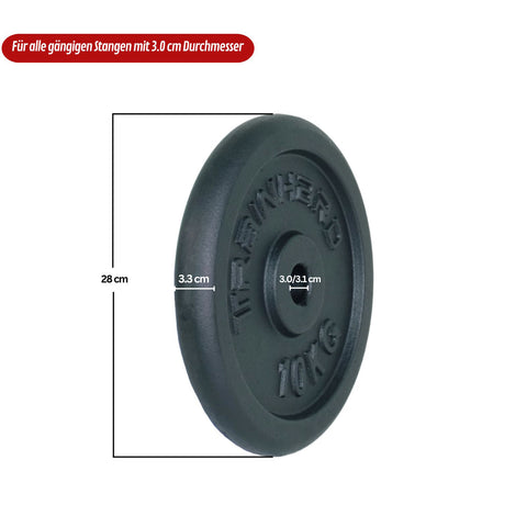 Hantelscheiben aus Gusseisen mit 30 mm Ldm, 2 x 10 Kg